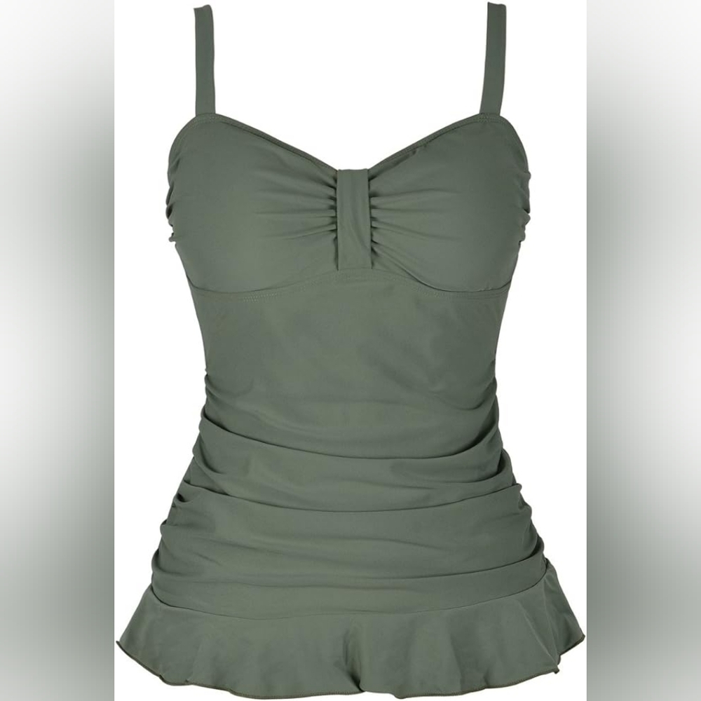 Hilor 50's Retro Ruched Tankini Swimsuit Top with Ruffle Hem